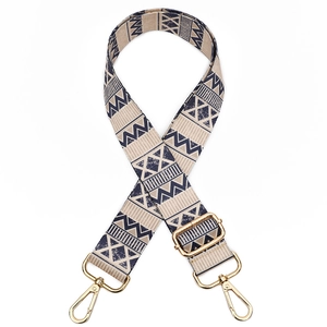 Adjustable bohemian style woven shoulder strap with geometric patterns and gold metal hooks
