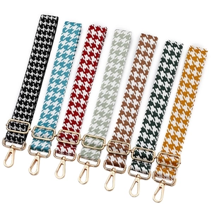 Adjustable houndstooth pattern bag straps with gold metal hooks in seven varied colors