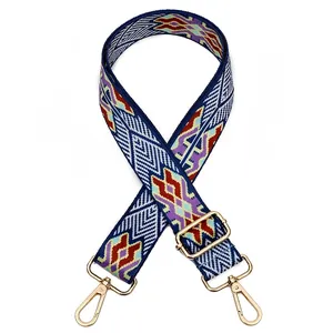 Detail of adjustable geometric ethnic style bag strap with gold metal buckles