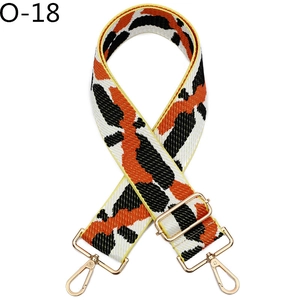Close-up of a wide adjustable bag strap with an orange, black, and white leopard pattern