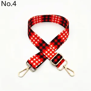 Adjustable buffalo plaid shoulder strap with golden metal swivel hooks for handbags