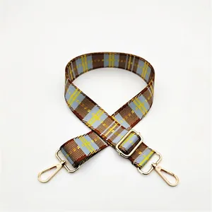 Detail of No. 10 checkered strap with blue and brown weave and gold lobster clasps