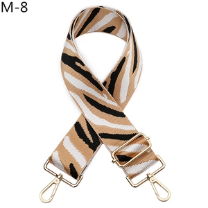 Close-up of zebra pattern wide replacement bag strap with golden metal hooks
