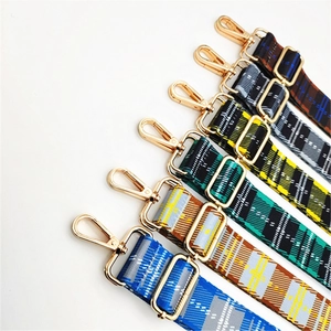 Detail view of colorful checkered woven replacement straps with gold metal hooks