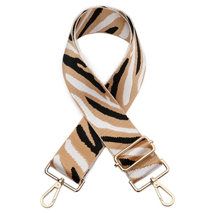 Adjustable woven replacement bag strap with brown zebra pattern and gold metal hooks
