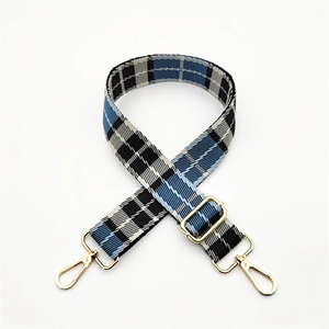 Adjustable blue tartan plaid shoulder strap with gold swivel hooks for handbags