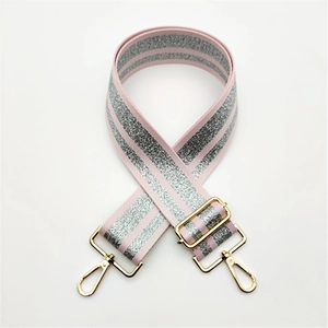 5cm pink and silver glitter stripe bag strap with golden metal swivel hooks