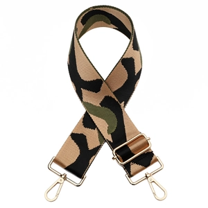 Adjustable camouflage canvas bag strap with golden metal buckles on white background
