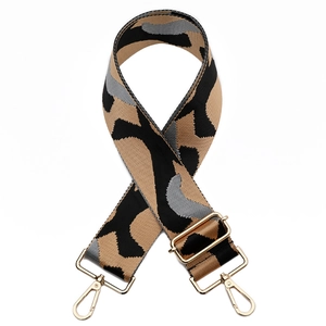 Adjustable wide replacement bag strap with brown camo weave and gold metal hooks