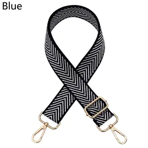 Detail of adjustable blue and white herringbone woven strap with gold rotating hooks