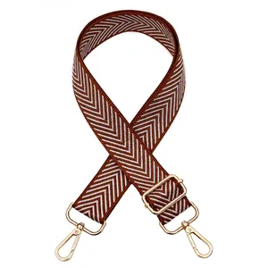 Detail view of adjustable brown and beige V-pattern woven strap with gold metal hooks