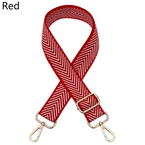 Detail view of red and silver chevron strap with golden adjustable metal hooks