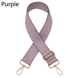 Macro detail of adjustable purple chevron weave strap with gold-tone hardware