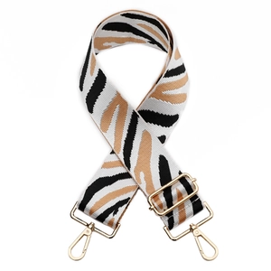 Adjustable zebra print bag strap with gold metal hardware and brown accents