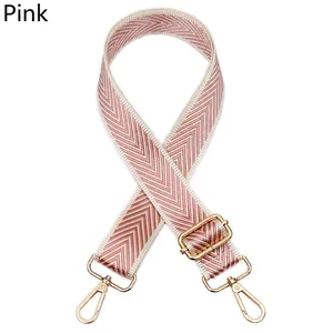 Detail of adjustable pink and white chevron woven shoulder strap with gold swivel hooks