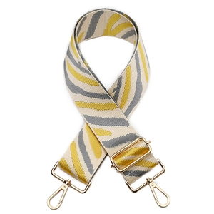 Adjustable yellow and gray zebra pattern wide bag strap with gold metal lobster clasps