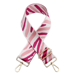 Adjustable zebra pattern handbag strap with pink stripes and gold swivel hooks