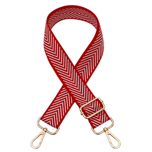 Adjustable red and silver herringbone woven bag strap with golden metal lobster hooks