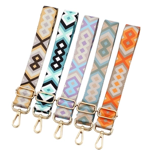 Ethnic geometric wide bag straps in five colorful patterns with gold metal buckles