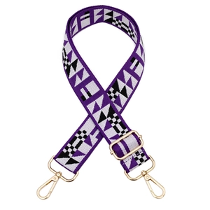 Adjustable geometric ethnic style bag strap in purple and black with gold metal hardware