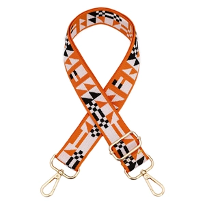 Close-up of adjustable orange geometric pattern strap with golden metal lobster clasps