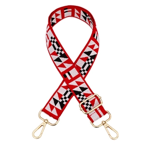 Ethnic style colorful woven guitar strap with geometric patterns and gold metal buckles