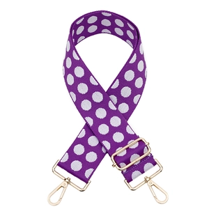 Adjustable purple polka dot fabric bag strap with golden metal lobster clasps for women