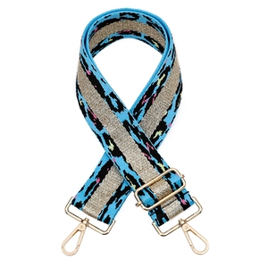 Adjustable leopard print bag strap in sky blue with gold thread and metal buckles