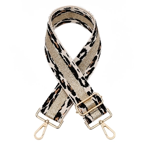 Adjustable leopard print bag strap with gold thread weaving and metallic hooks