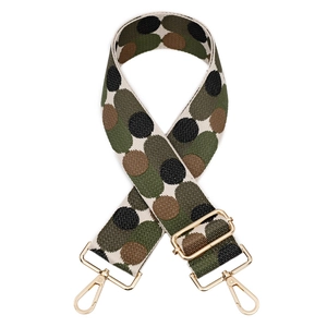 Adjustable wide woven bag strap with colorful polka dot pattern and gold metal hardware