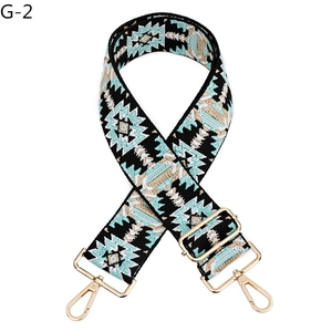 Close-up of ethnic embroidered bag strap with golden hardware and geometric pattern