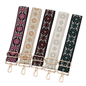 Ethnic embroidered jacquard bag straps in 5 colors with adjustable gold metal hooks