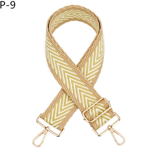 Détail de la bandoulière jacquard à ondes jaunes avec mousquetons métalliques dorés