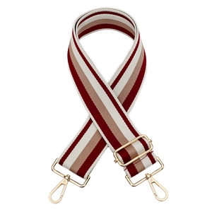 Adjustable burgundy and beige striped bag strap with premium gold metal clips