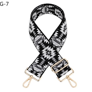 Detail of adjustable ethnic geometric woven strap with pale gold metal lobster hooks