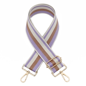 Adjustable striped wide canvas shoulder strap with lavender and gold metal hooks