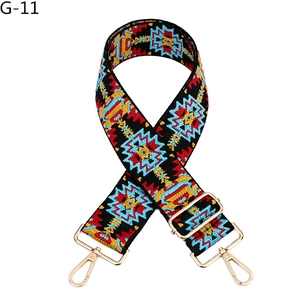 Detail of bohemian ethnic embroidered bag strap with golden metal buckles and blue patterns
