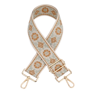 Ethnic jacquard woven bag strap with orange flowers and gold metal hardware