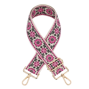 Ethnic embroidered bag strap with pink floral jacquard and gold metal buckles