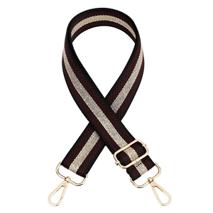 Adjustable wide leopard stripe handbag strap with gold metal swivel clasps and burgundy trim