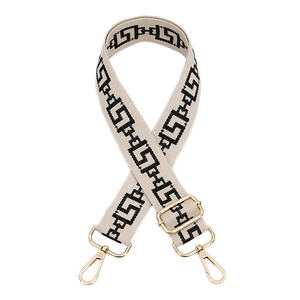 Adjustable beige canvas shoulder strap with black geometric pattern and gold metal hooks