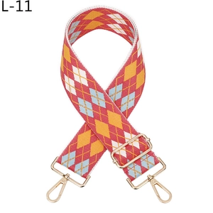 Detail of colorful jacquard argyle bag strap with light gold metal swivel hooks and buckles