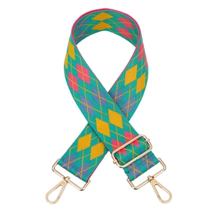 Adjustable argyle pattern bag strap with turquoise colors and gold metal buckles