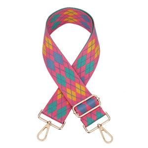 Adjustable colorful argyle pattern jacquard canvas shoulder strap with gold metal hooks