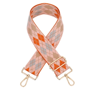 Adjustable wide jacquard bag strap with colorful argyle diamond pattern and gold clips