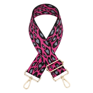 Adjustable leopard print handbag strap with gold swivel hooks and pink accents