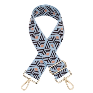 Bandoulière réglable bohème à motif géométrique avec boucles dorées et tissage jacquard bleu