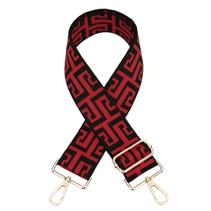 Adjustable maze jacquard wide strap for bags with red and black geometric patterns