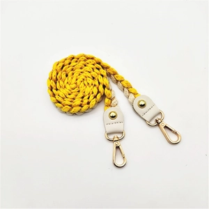 Braided yellow and cream shoulder strap for handbags with white leather and gold hooks