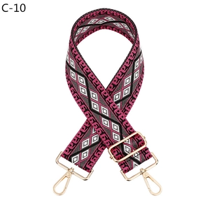 Detail of adjustable geometric diamond pattern shoulder strap with gold metal hooks